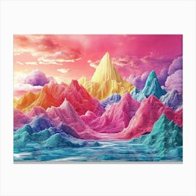 Colorful 3d Landscape Art with Bright Coral Background and Surreal Fantasy Mountains Canvas Print