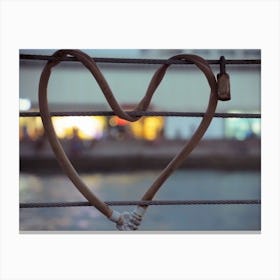 Heart Shaped Padlock Locked Metal Cables During Twilight Time Canvas Print