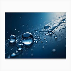 A Close Up Shot Of Water Droplets On A Dark Blue Surface, Creating A Sense Of Reflection And Depth Canvas Print