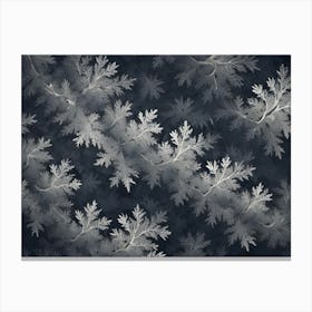 A Pattern Of White, Stylized Leaves On A Dark Blue Background Canvas Print