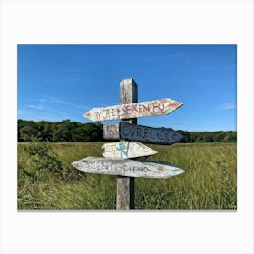 A Weathered Wooden Signpost At A Crossroad Its Arrows Pointing In Various Directions With Hand Pain (2) Canvas Print