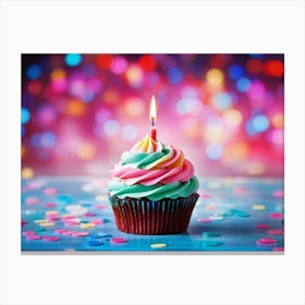 Cupcake With Vibrant Swirls Of Pink Blue And Green Frosting Single Lit Candle Atop Celebrating A (3) Canvas Print