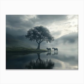 A Melancholic, Romantic Photorealistic Misty Landscape, Captured With A Wide Angle Lens 1 Canvas Print