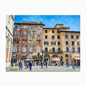 Piazza dell'Anfiteatro in Lucca. The vibrant Piazza dell'Anfiteatro in Lucca, Italy, is a unique elliptical square built on the remains of an ancient Roman amphitheater. Surrounded by colorful historic buildings, the square is bustling with life, featuring outdoor cafes, shops, and visitors enjoying the lively atmosphere. 2 Canvas Print