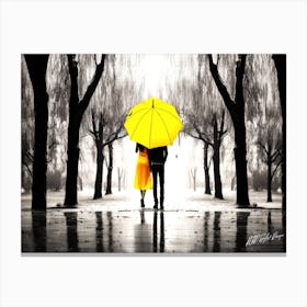 Park Way Stroll - Couple Holding Yellow Umbrella In The Rain Canvas Print