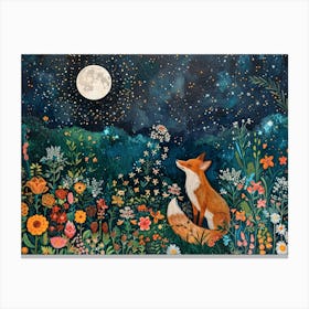 Cottagecore Enchanted Fox Under The Full Moon Light | Botanical Print Painting for Mystical Wall Art | Cottage Country Nursery Decor Library Canvas Print