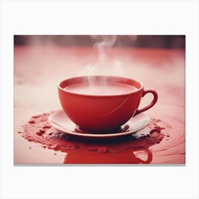 A Steaming Red Cup Of Coffee Sits On A Red Saucer, On A Surface With Red Ripples, Surrounded By Red Mist Canvas Print