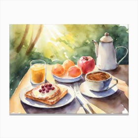 Breakfast On A Table In The Sunlight Watercolour Canvas Print