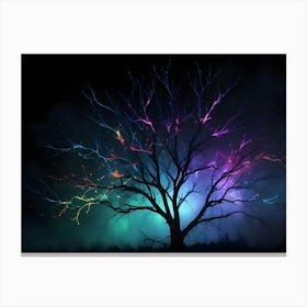 Silhouette Of Tree With Colorful Lights In Fog Canvas Print