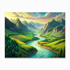 Green Valley With River And Mountains At Sunset 1 Canvas Print