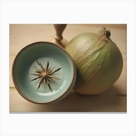 Still Life Image Of A Whole Onion And A Bowl With A Star Shaped Cut Out On A Wooden Surface Canvas Print