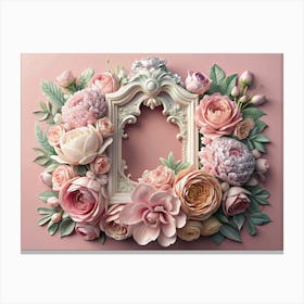 Floral Frame With Pastel Pink Roses And Ornate White Frame 1 Canvas Print