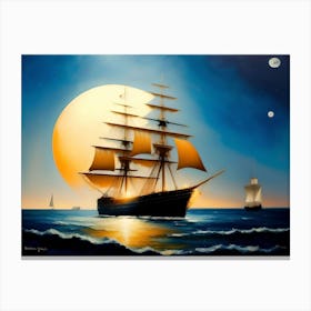 Tall Ship With Big Moon Canvas Print