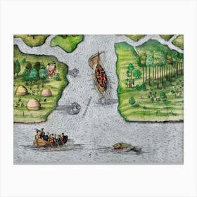 Leaving The River Of May, The French Discover Two Other Rivers ; Six Other Rivers Discovered By The French Illustration From Grand Voyages (1596) Canvas Print
