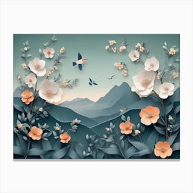 3d Floral Art With Branches Of Flowers, Herbs, Birds and Mountains Canvas Print