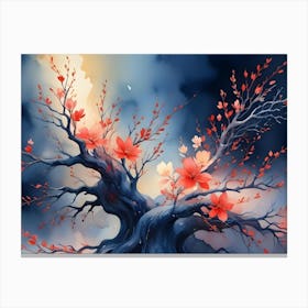 Watercolor Painting Of A Blossoming Tree With Red And White Flowers Canvas Print