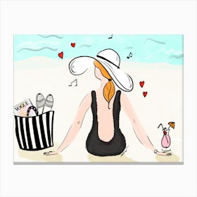Woman On The Beach With A Cocktail And Vogue listening music at the sea Canvas Print