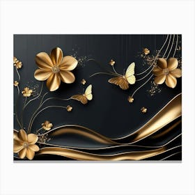 Gold Flowers On Black Background 2 Canvas Print