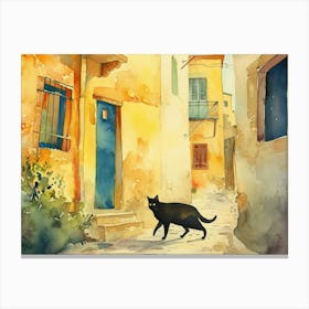 Thessalonik, Greece   Cat In Street Art Watercolour Painting 2 Canvas Print