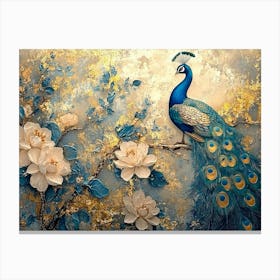 Exquisite Vintage Inspired Artistic Background with Abstract Illustrations, Floral Elements, Peacocks and Gold Accents Canvas Print