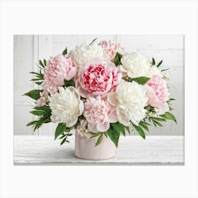 A Bouquet Of Pastel Pink And Pristine White Peonies With Hints Of Red Arranged Densely In A Natural (7) Canvas Print