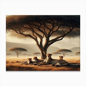 A family of cheetahs resting under the shade of an acacia tree Canvas Print