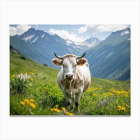 A Closeup On A Pure White Cow Ambling Leisurely In A Verdant Alpine Meadow The Beast Exuding Pure C (3) Canvas Print