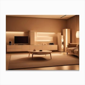 A Modern Living Room Interior With A Beige Sofa, Two White Floor Lamps, And A Large Tv On A White Cabinet Canvas Print