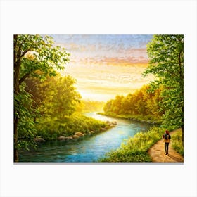 Scenic River Trails Bathed In The Golden Light Of A Setting Sun Luscious Trees Lining The Serene Wa Canvas Print