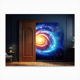 Wooden Door Ajar Revealing The Swirling Arms Of A Vast Spiral Galaxy Intricate Patterns Of Yellow Canvas Print