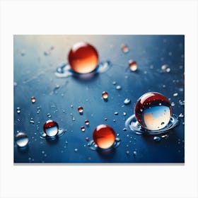 Close Up Of Water Droplets With Reflections Of Red Orbs On A Blue Background Canvas Print