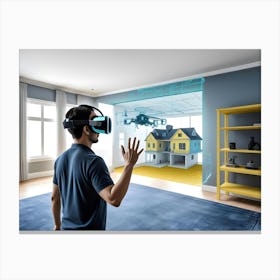 A Man Wearing A Vr Headset Interacts With A Holographic Projection Of A House Interior Design Canvas Print