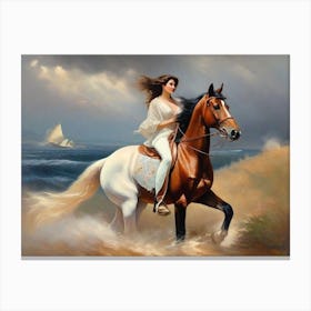 Woman Riding A Horse On The Beach Canvas Print