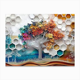 Colorful 3d Whimsical Tree On Oak, White Lattice and Vibrant Hexagonal Canvas Print