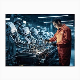 An Artificial Intelligence Engineer Immersed In A High Tech Manufacturing Factory Examining The Com (1) Canvas Print