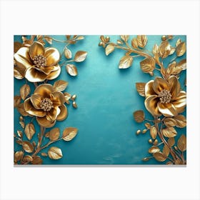 Gold Flowers On Blue Background 1 Canvas Print