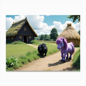 A Cartoon Illustration Of A Black Pig And A Purple Pony Walking Down A Dirt Path In A Rural Setting Canvas Print