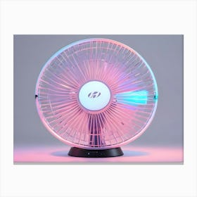 A White Electric Fan With A Silver Frame And Blue Led Lights, Set On A Pink And Blue Gradient Background Canvas Print