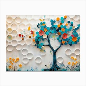 Vibrant Turquoise Tree and Colorful Hexagons Create a Striking Effect Against White Lattice and Floral 1 Canvas Print