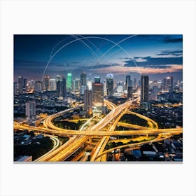 Aerial View Of Bangkok At Night Showcasing The Metropolitan District Interwoven With A Complex Tele (6) Canvas Print