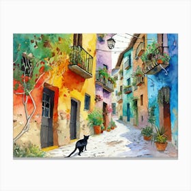 Tarragona, Spain   Cat In Street Art Watercolour Painting 4 Canvas Print