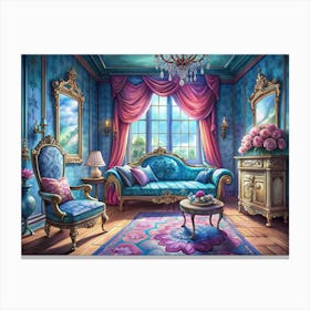 Elegant Living Room With Blue And Pink Decor 1 Canvas Print