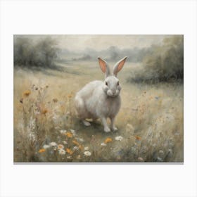 White Rabbit in the Countryside Painting | Country Print in Neutral Tones | Landscape Kitchen Art | Pale Cream Meadow With Wildflowers in the Mist Canvas Print