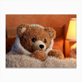 Close Up Of A Small Teddy Bear Nestled In An Oversized Bed With A Fluffy Scarf Draped Over Its Body Canvas Print