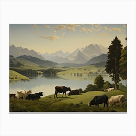 Cows Near Lake Painting Canvas Print