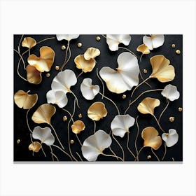 3d Floral Art With Golden Ginko Biloba Leaves And White Flowers On Black Background 1 Canvas Print