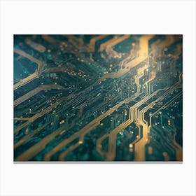 Close Up View Of A Circuit Board With Glowing Circuitry, Highlighting The Intricacies Of Technology And Digital Systems Canvas Print