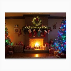 Cozy Christmas Eve Setting Crackling Fireplace Aglow In Living Room Corner Sparkling Tree Adorned (1) 2 Canvas Print