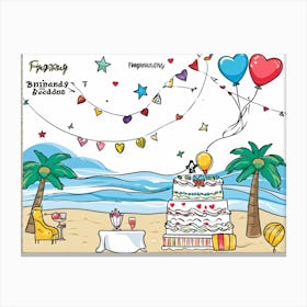 An Illustrated Idea Of A Birthday Party On The Beach Cartoon Valentine Balloons Hand Drawn Vector (6) Canvas Print