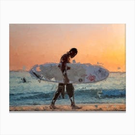 Surfer Goes Home At Sunset Oil Painting Landscape Canvas Print